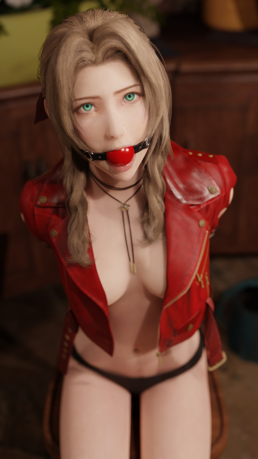 1girls 3d aerith_gainsborough arms_behind_back arms_tied arms_tied_behind_back ball_gag bondage bound_and_gagged brown_hair chair cleavage femsub final_fantasy final_fantasy_vii final_fantasy_vii_remake gag gagged green_eyes half_naked leather_jacket looking_at_viewer red_ball_gag restrained sitting tied_hair tied_up