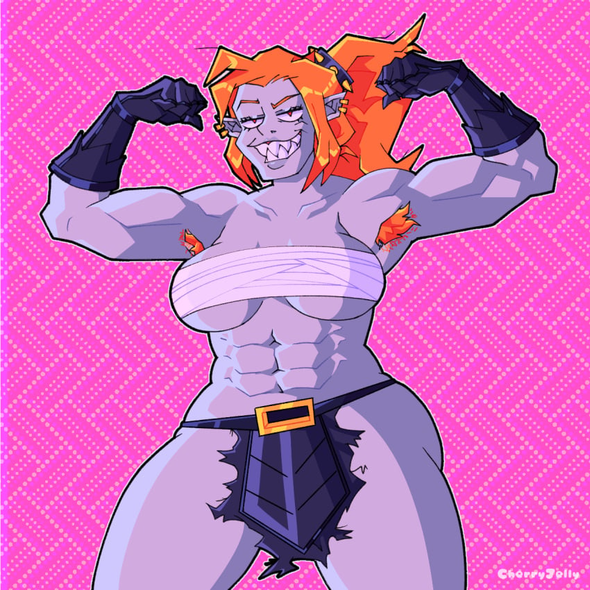 1girls abs armpit_hair armpits big_breasts binder_(restraint) breasts cherryjelly cleavage earrings female female_only flexing genderswap_(mtf) gloves loincloth muscular_female newgrounds orange_hair piconjo_(newgrounds) ponytail red_eyes redhead rule_63 sharp_teeth smile solo solo_female spiked_hairband tagme underboob white_sclera