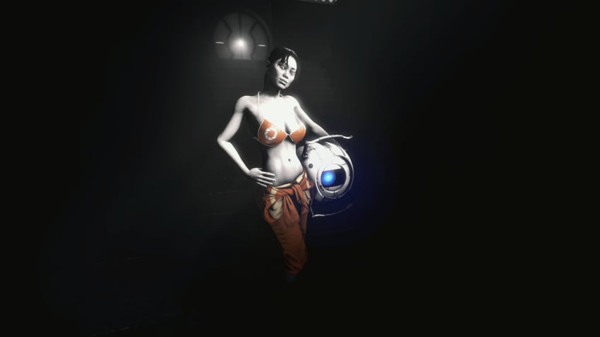 3d 3d_(artwork) chell female female_focus hand_on_hip juxtasuperposition pinup pinup_girl pinup_girls pinup_pose portal_(series) portal_2 posing posing_for_the_viewer poster sfm source_filmmaker sourcefilm_maker wheatley