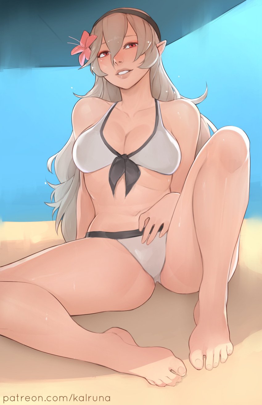 1girls alternate_costume bare_legs barefoot beach bikini breasts cleavage corrin_(fire_emblem) corrin_(fire_emblem)_(female) corrin_(summer)_(fire_emblem)_(female) female female_only fire_emblem fire_emblem_fates fire_emblem_heroes grey_hair grin kalruna large_breasts legs long_hair looking_at_viewer nintendo official_alternate_costume outdoors parasol red_eyes sitting smile solo swimsuit umbrella very_long_hair white_bikini white_swimsuit