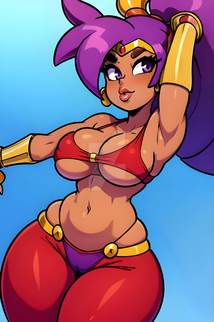 1girls ai_generated arm_behind_head armpits big_breasts busty child_bearing_hips cleavage curvy female female_only hi_res hips kissy_face large_breasts legs midriff navel pants ponytail pose posing puckered_lips purple_eyes purple_hair sensual shantae shantae_(character) solo tank_top thick_thighs thighs thong underboob voluptuous watermark wide_hips