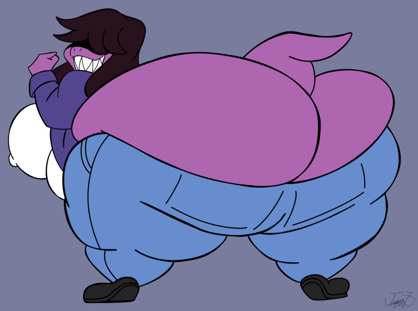 1girls anthro ass bending_forward breasts deltarune dragon eyes_covered female female_focus female_only furry hair_covering_eyes hips hyper hyper_ass joe-anthro large_ass large_breasts looking_back nipple_bulge pants pants_down purple_hair purple_skin reptile reptile_humanoid shadow_over_eyes sharp_teeth sideboob smiling susie_(deltarune) thick_thighs thighs wide_hips