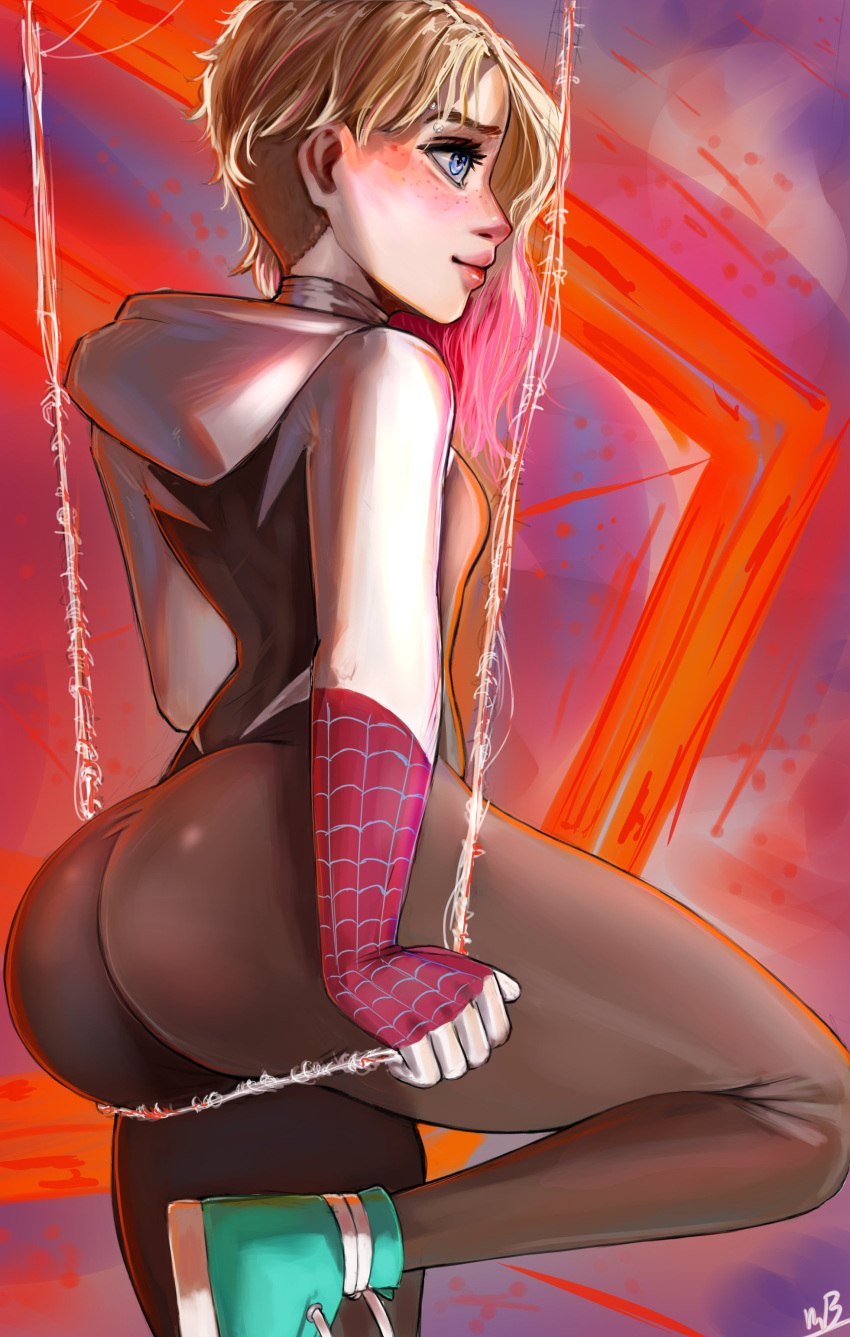 1girls ass_focus big_ass big_butt blonde_hair bubble_butt eyebrow_piercing female female_only gwen_stacy gwen_stacy_(spider-verse) marvel moisty_boo skin_tight solo spider-gwen spider-man:_into_the_spider-verse spider-man_(series) teenager