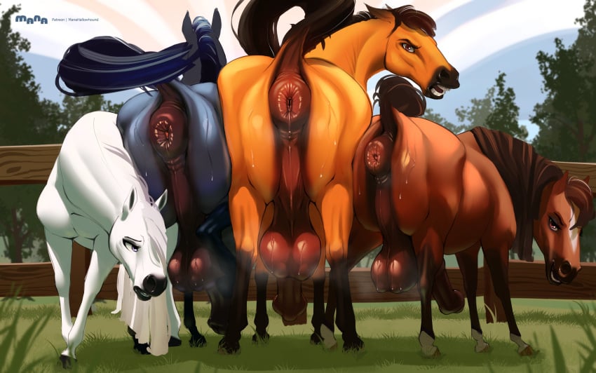 absurd_res anal_juice animal_genitalia animal_penis anus ass ass_to_ass balls big_anus big_balls big_butt bodily_fluids dreamworks equid equine equine_anus equine_genitalia equine_penis erection feral gay genitals group hi_res horse lemon_testicles looking_at_viewer looking_back male male/male male_only mammal manahallowhound penis perineum presenting presenting_anus presenting_hindquarters puffy_anus raised_tail rear_view saggy_balls spirit:_stallion_of_the_cimarron sweat tail