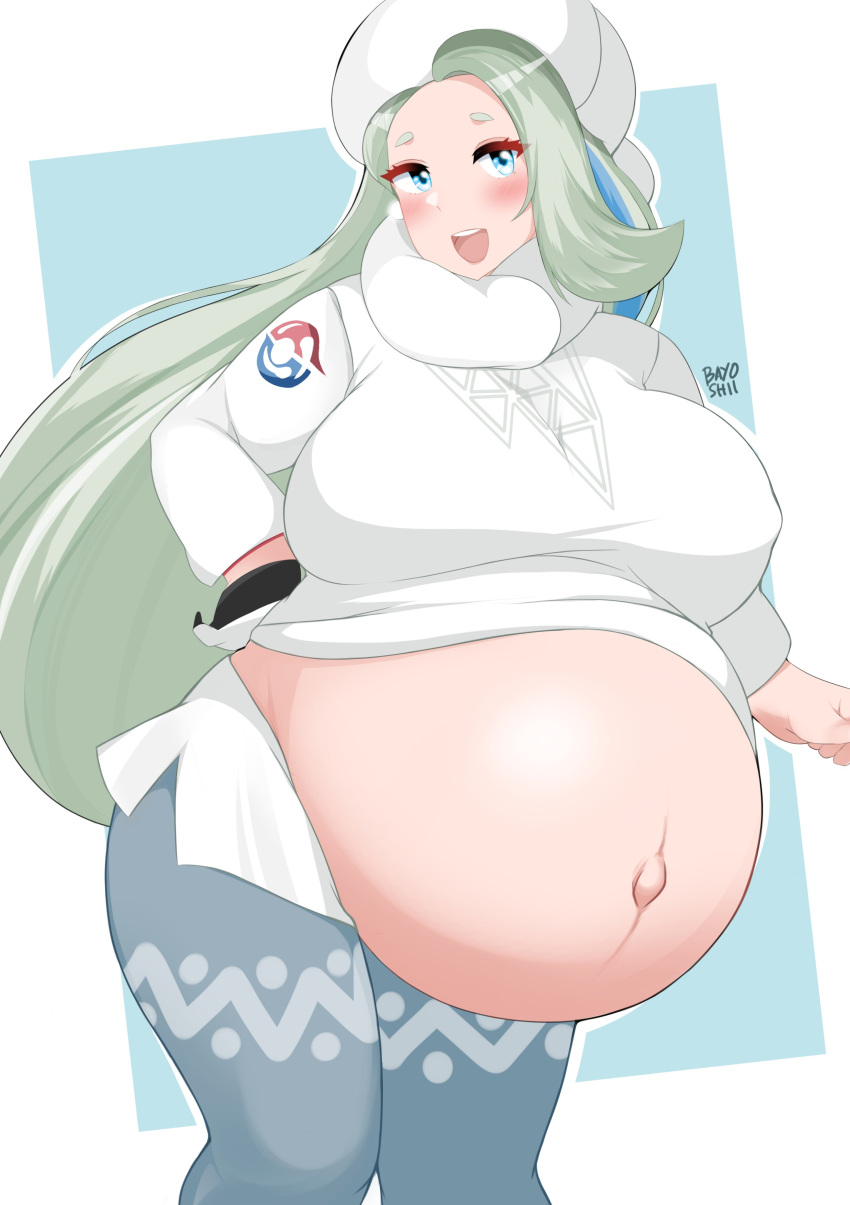 1girls bare_belly bayoshii big_belly big_breasts bloated_belly blue_eyes blush clothed clothing female female_only long_hair melony_(pokemon) milf navel outie_navel pokemon pokemon_ss pregnant white_hair