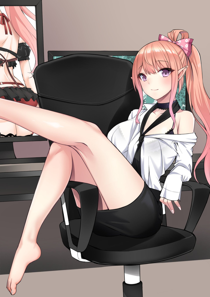 1girls barefoot big_breasts black_bra black_necktie bra breasts clothed clothing computer eyebrows_visible_through_hair feet female female_only indie_virtual_youtuber indoors light-skinned_female light_skin looking_at_viewer necktie orange_hair peari_morino piercings purple_eyes screens sitting sitting_on_chair skirt smile solo umerare virtual_youtuber