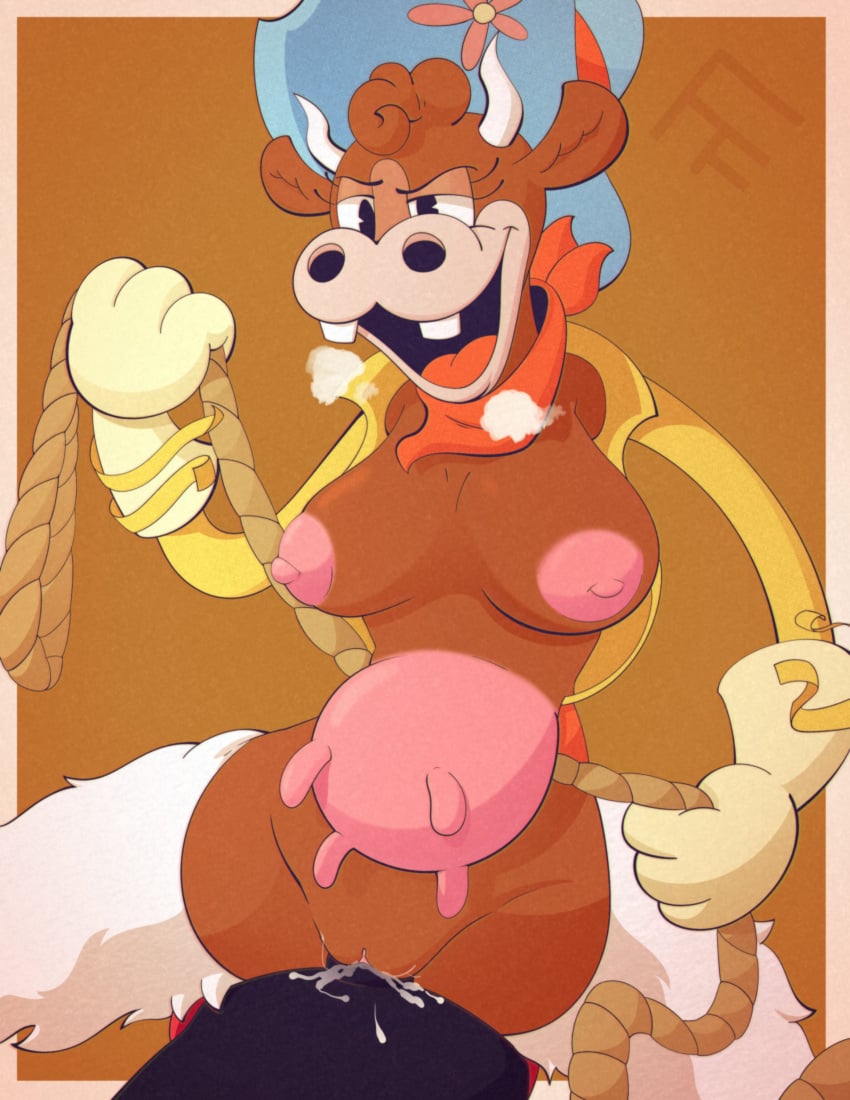 absurd_res anthro big_nipples bodily_fluids bovid bovine breasts cattle clothed clothing cowgirl_position cum cum_in_pussy cum_inside cuphead cuphead_(game) duo esther_winchester female flashfigure from_front_position genital_fluids hat headgear headwear hi_res holding_object holding_rope humanoid male male/female mammal nipples on_bottom on_top open_clothing open_topwear rope sex teats topwear udders