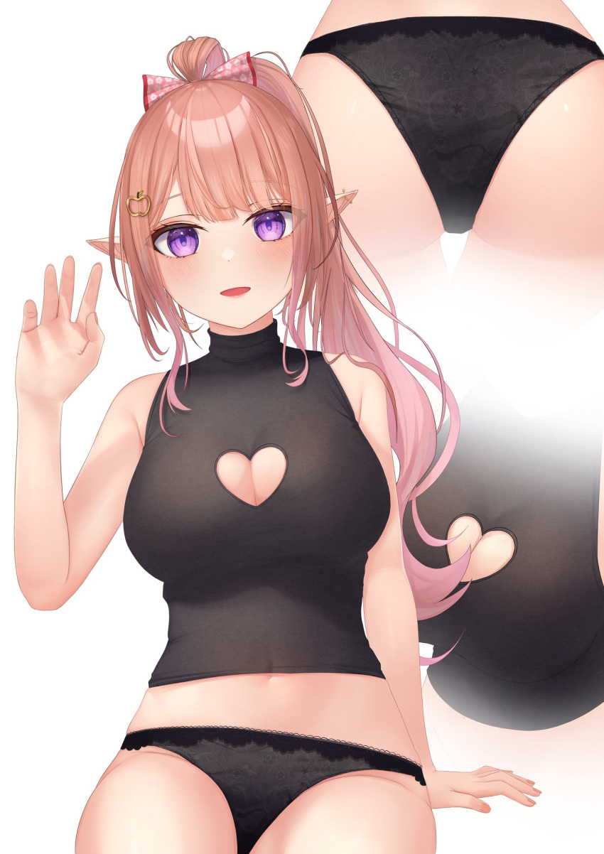 1girls belly_button big_breasts black_panties blush boob_window breasts different_angles ear_piercings eyebrows_visible_through_hair female female_only hair_ornament heart_cutout indie_virtual_youtuber light-skinned_female light_skin looking_at_viewer orange_hair panties peari_morino piercings pointy_ears purple_eyes runoe_(runoe_305) solo virtual_youtuber waving_at_viewer