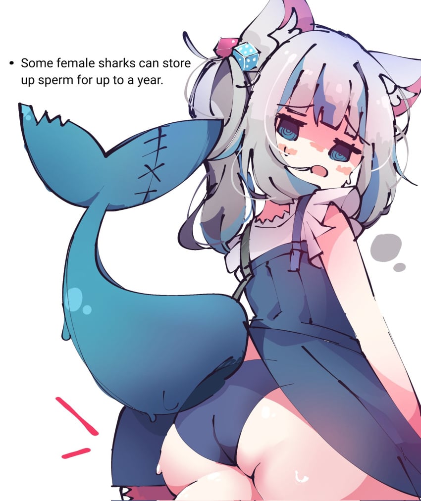 animal_tail ass blue_eyes blue_panties butt cute dice dice_hair_ornament english_text gawr_gura gawr_gura_(casual) hololive hololive_english hololive_myth koyonept_u mouth_open open_mouth overall_skirt overalls panties shark_girl shark_humanoid shark_tail skirt skirt_caught_on_tail skirt_up squishy squishy_butt tail text upskirt virtual_youtuber wardrobe_malfunction