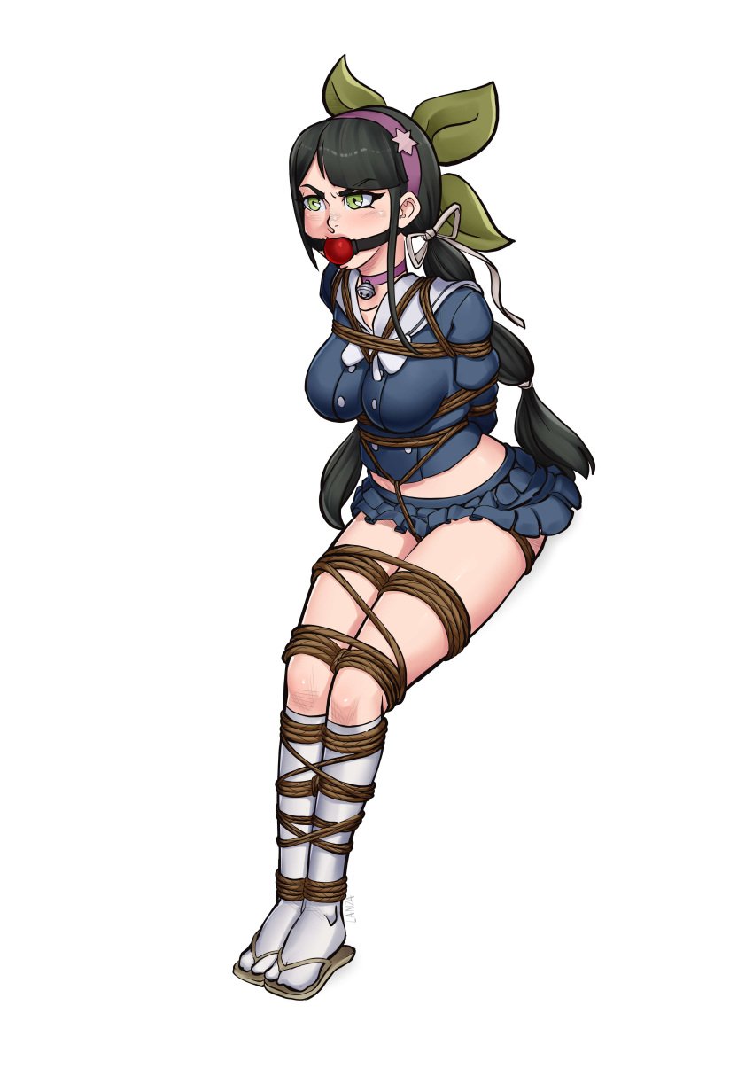 1girls ball_gag blue_shirt bondage bound bound_ankles bound_arms bound_legs breasts chabashira_tenko choker crotch_rope danganronpa danganronpa_v3 female female_only gag gagged green_eyes headband medium_breasts restrained restrained_arms restraints ribbon ribbons rope rope_bondage sitting skirt smooth_skin socks thunkstudio tied tied_legs tied_up