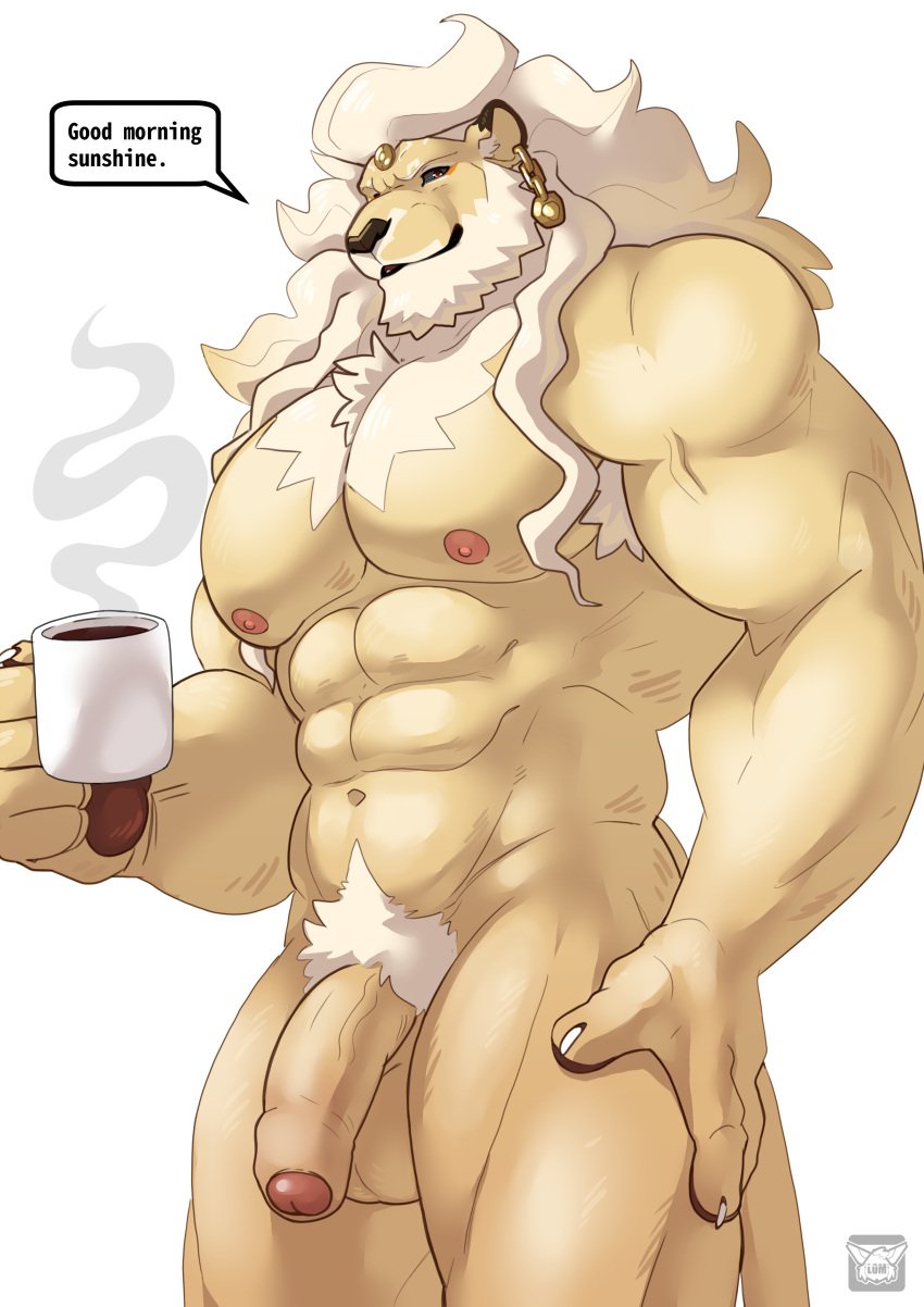 1boy abs absurd_res anthro balls beverage coffee coffee_mug dialogue dislyte ear_piercing english_text felid foreskin genitals hair hi_res javid_(dislyte) lion lomlynx long_hair male male_only mammal muscular muscular_anthro muscular_male nipples nude pantherine penis piercing pubes simple_background smile solo solo_male speech_bubble steam text white_background