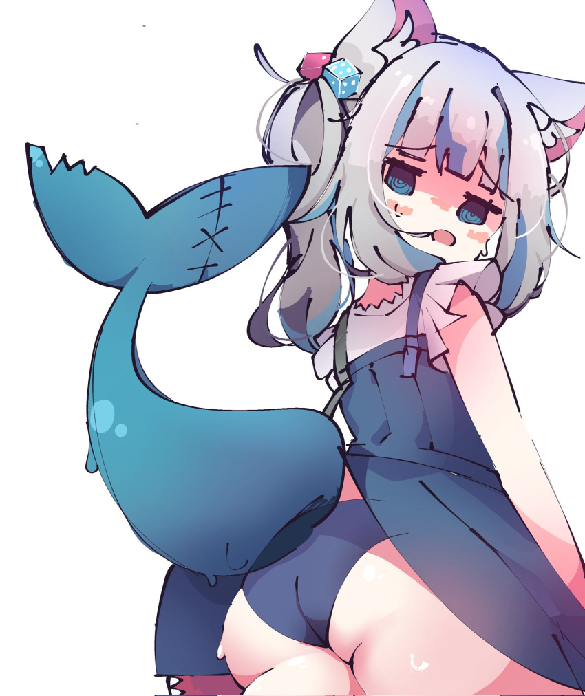 animal_tail ass blue_eyes blue_panties butt dice gawr_gura gawr_gura_(casual) hololive hololive_english hololive_myth koyonept_u overall_skirt overalls panties shark_tail skirt skirt_caught_on_tail skirt_up squishy squishy_butt tail virtual_youtuber wardrobe_malfunction