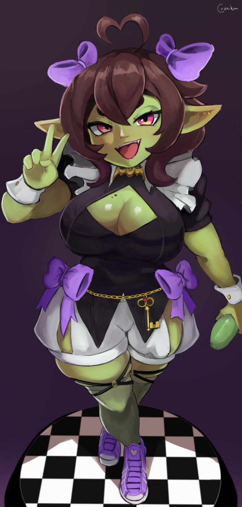 1girls ahoge brown_hair cleavage_cutout clothing cranihum female female_only goblin goblin_female green-skinned_female green_skin hair_ribbon heart_ahoge humanoid_pointy_ears indie_virtual_youtuber long_hair looking_at_viewer podge pointy_ears red_eyes shortstack smiling smiling_at_viewer solo v_sign very_high_resolution virtual_youtuber wrist_cuffs