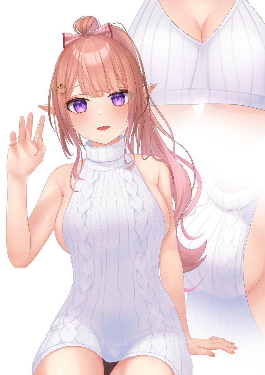 1girls big_breasts blush breasts butt_crack clothed clothing different_angles ear_piercings eyebrows_visible_through_hair female female_only hair_ornament indie_virtual_youtuber light-skinned_female light_skin looking_at_viewer orange_hair peari_morino piercings purple_eyes runoe_(runoe_305) sideboob solo sweater virgin_killer_sweater virtual_youtuber waving_at_viewer