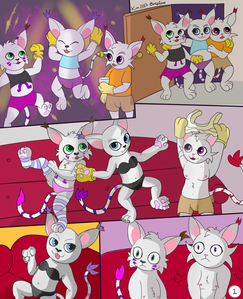 anthro balls bandai_namco blue_eyes breasts clothed clothing digimon digimon_(species) digital_media_(artwork) domestic_cat ear_tuft felid feline felis female footwear fur gatomon genitals girly green_eyes group hair hi_res hzfow male mammal open_mouth purple_eyes raised_clothing sex simple_background smile socks tail tailmon tongue trio tuft underwear undressing white_body white_fur