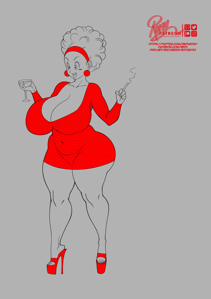 afro bulma bulma_(afro) bulma_(dragon_ball) bulma_briefs dragon_ball drink high_heels platform_heels red_clothing repv tagme