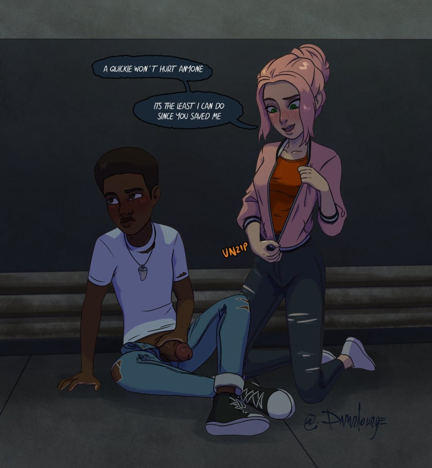 1boy 1boy1girl 1girls black_jeans blue_jeans blush blushing brooklynn_(jurassic_world) clothed cock damnlounge darius_(jurassic_world) dark-skinned_male dark_skin dick dyed_hair female freckles green_eyes interracial jacket jeans jurassic_park jurassic_world jurassic_world_camp_cretaceous looking_away medium_breasts night on_the_floor penis pink_hair pink_jacket pink_lips red_shirt ripped_jeans sewer signature sneakers t-shirt tooth_necklace torn_jeans undressing unzipped unzipped_pants unzipping zipper