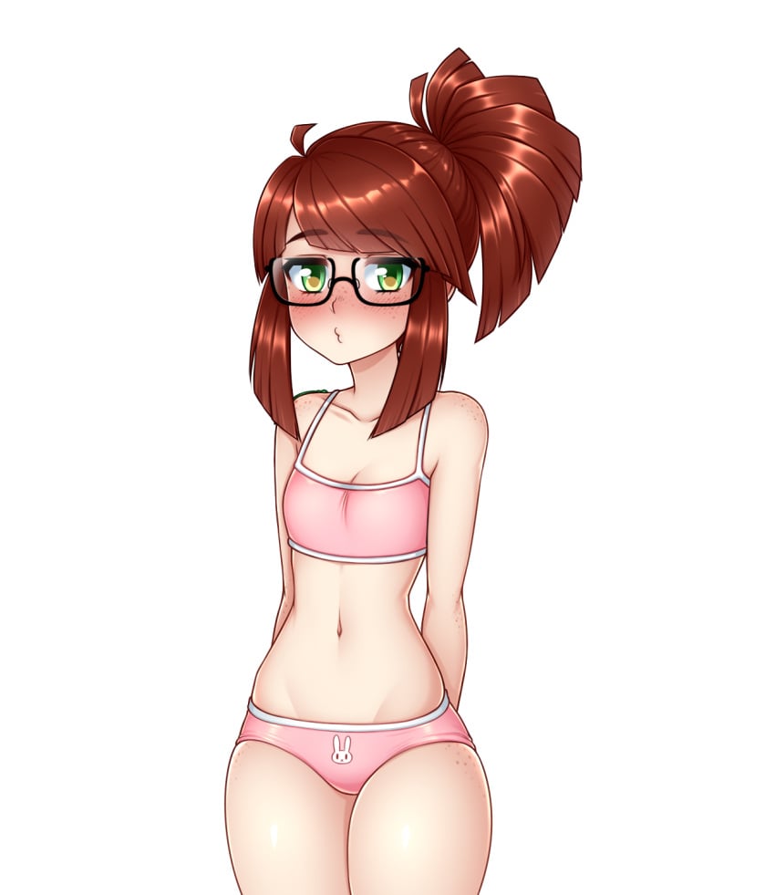 1girls :3 bangs blue_eyes blush bra brown_hair dojipan female female_only flat_chest flat_chested freckles freckles_on_face freckles_on_shoulders freckles_on_thighs glasses green_eyes k-t_(lugame) lipstick looking_at_viewer lugame panties petite smooth_skin spewing_mews thick_eyebrows thick_thighs tight_clothing transparent_background tummy underwear