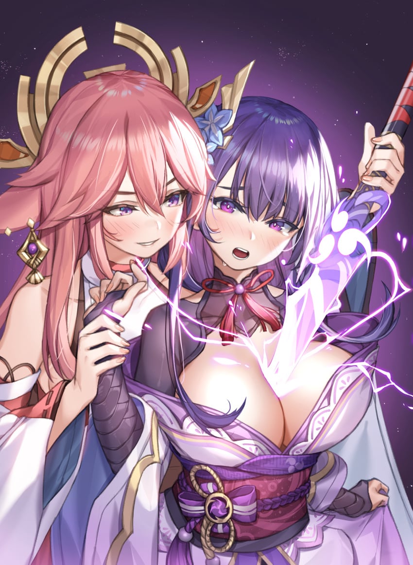 2girls animal_ears big_breasts cleavage earrings female female_only genshin_impact hair_ornament hi_res highres japanese_clothes large_breasts long_hair pink_hair piyo_(pixiv_2308057) purple_eyes purple_hair raiden_shogun sword thick upper_body voluptuous wrist_grab yae_miko