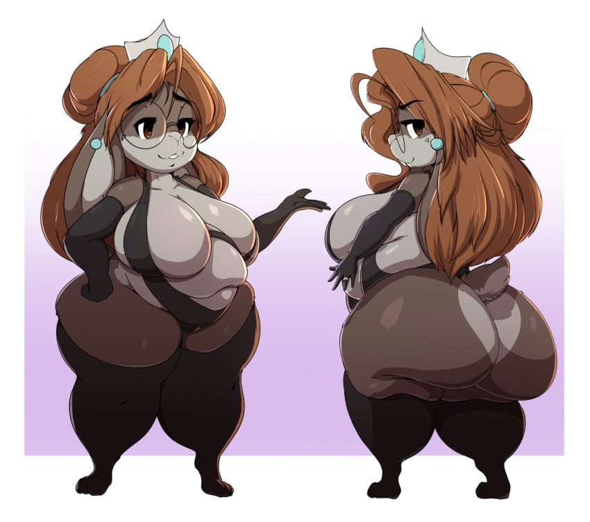 1girls anthro belly breasts brown_eyes brown_hair bunny chubby chubby_female crown earrings fat female female_focus female_only furry garuda_six glasses grey_fur hair_bun hairbun hips lagomorph lagomorph_humanoid large_breasts may_(garuda_six) mostly_nude mostly_nude_female rabbit stockings stomach thick_thighs thighs two_tone_fur wide_hips