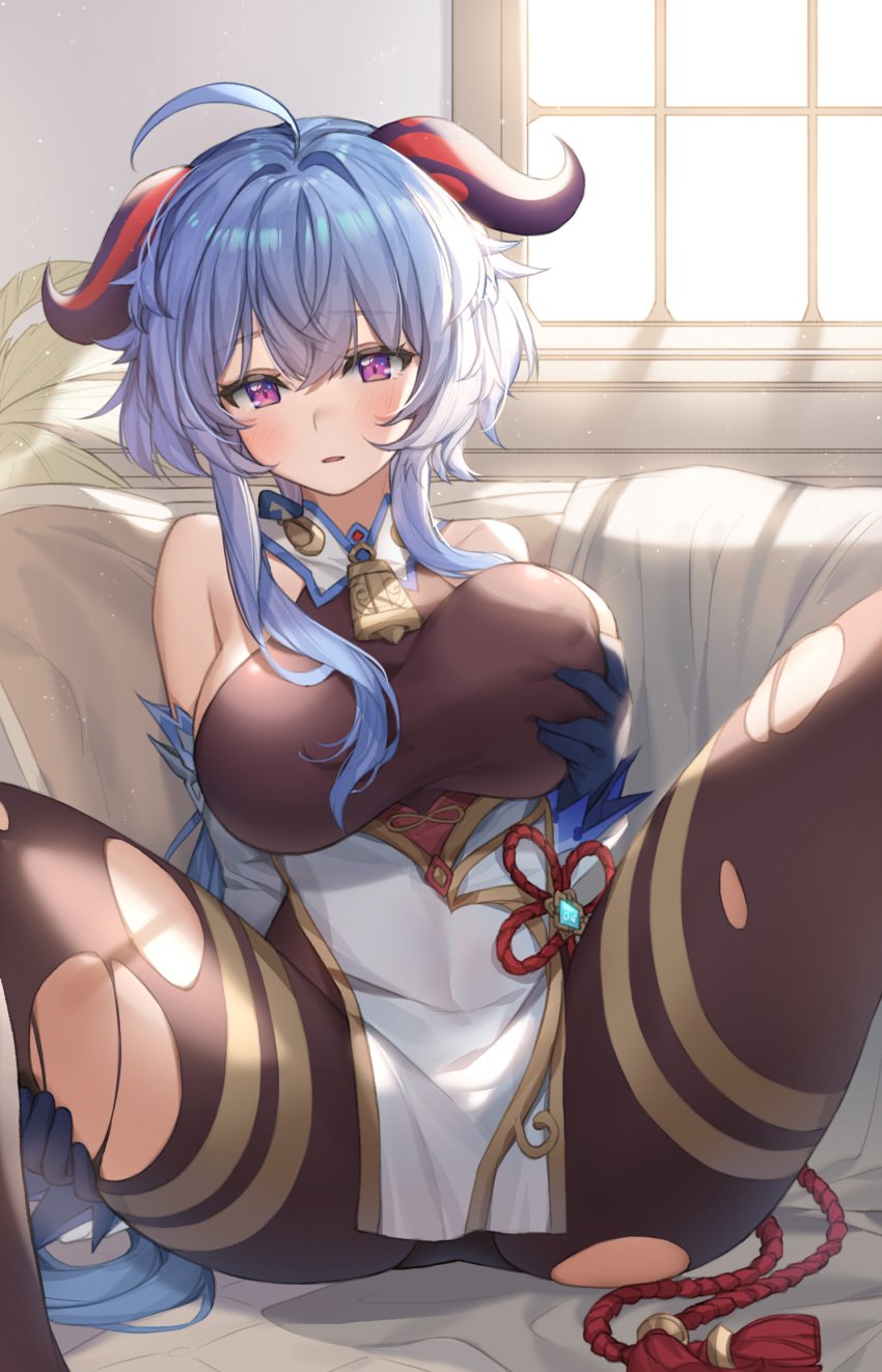 1girls big_breasts blue_hair breast_squeeze female female_only ganyu_(genshin_impact) genshin_impact gloves hand_on_breast hi_res highres horns indoors large_breasts long_hair looking_at_viewer piyo_(pixiv_2308057) purple_eyes sitting solo solo_female spread_legs thick thick_thighs torn_clothes voluptuous window