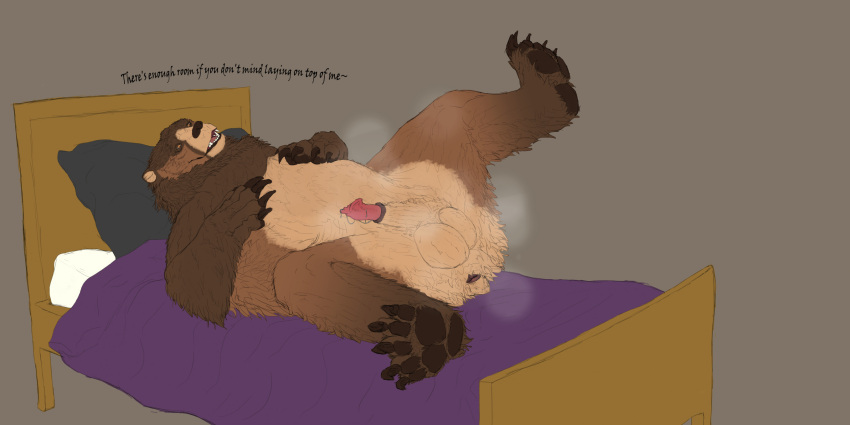 anatomically_correct anatomically_correct_genitalia anatomically_correct_penis animal_genitalia animal_penis anus balls bear bed bed_covers bed_sheet bedding big_balls bodily_fluids brown_bear feral furniture genital_fluids genitals grizzly_bear hair hi_res kuruk_(character) leaking_pre leaking_precum lying male mammal mane mane_hair musk musk_coulds musk_fetish musky_balls musky_butt musky_penis on_back pawpads paws penis penis_tip pillow precum raised_leg sheath solo svevato text ursine ursine_penis