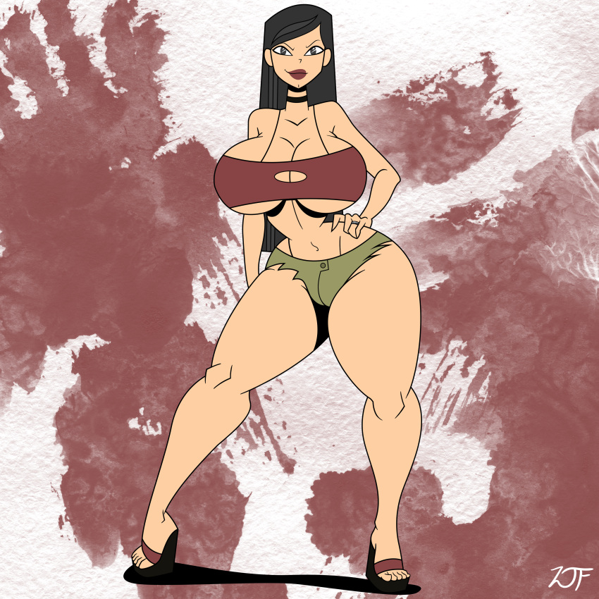 1girls alternate_breast_size areolae barefoot belly_button big_breasts black_hair breasts cartoon_network choker cleavage curvy female female_only full_body hand_on_hip heather_(tdi) hourglass_figure huge_breasts long_hair looking_at_viewer redesign rustysh4ckl3ford short_shorts small_top smile solo solo_female total_drama_(series) total_drama_island wedding_ring