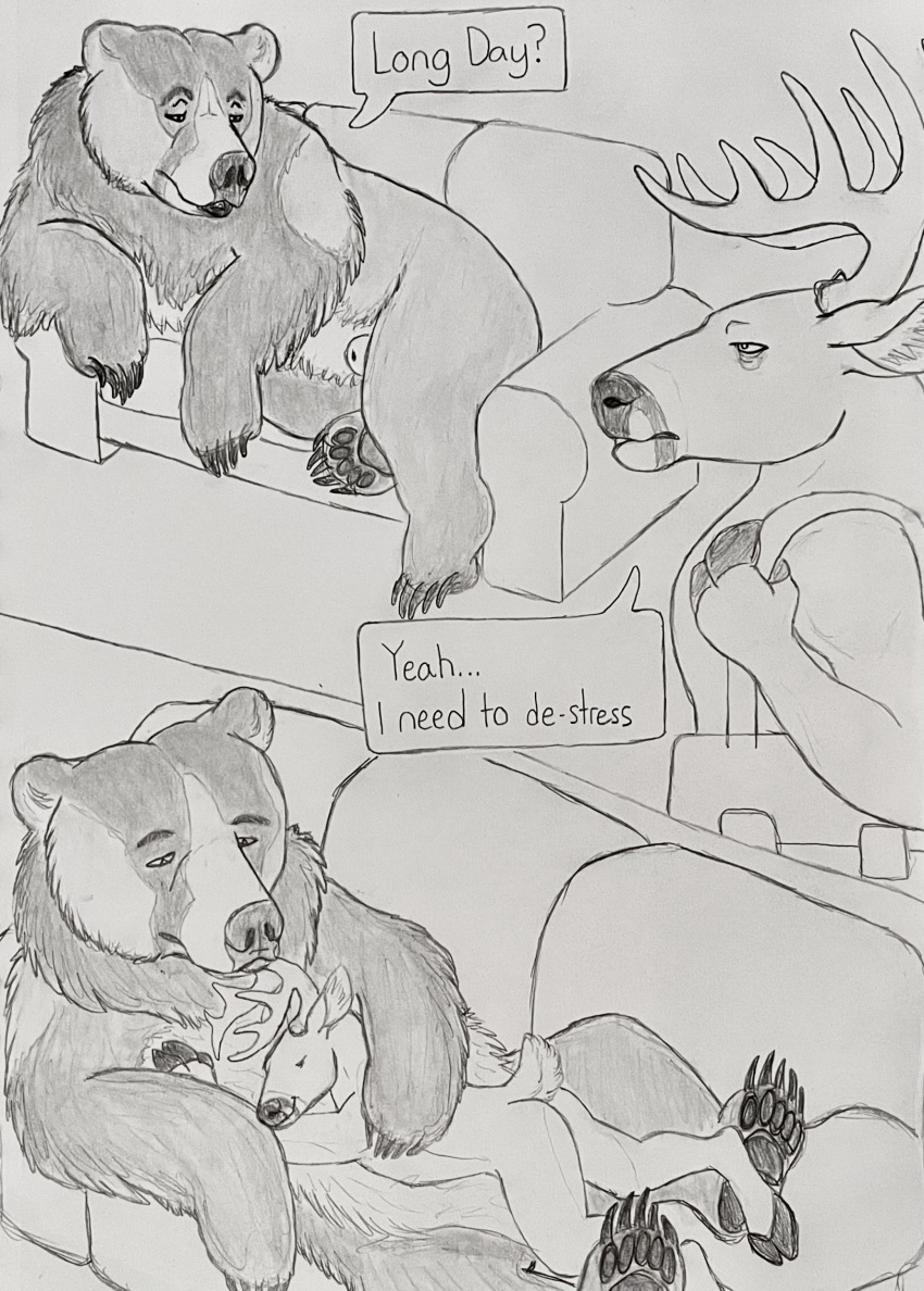 animal_genitalia anthro anthro_on_feral bear brown_bear cervine comic cuddling deer duo embrace feral furniture genitals grizzly_bear hair hgythshs hi_res hug kuruk_(character) male male/male mammal mane mane_hair pawpads paws roommate sheath size_difference sofa ursine zoophilia