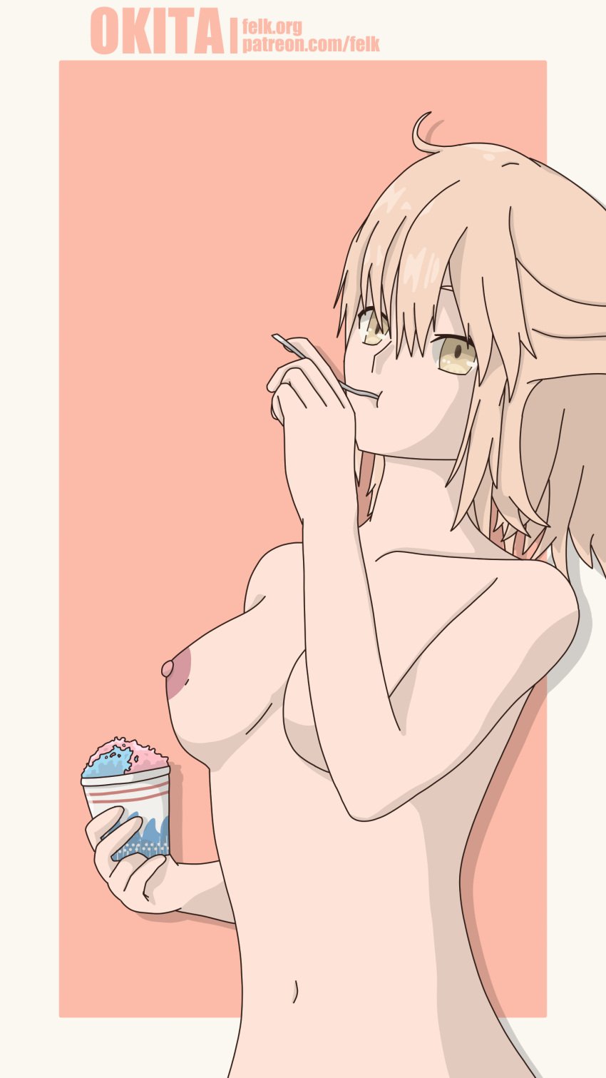 eating felk female light_skin okita_souji_(fate)_(all) shaved_ice yellow_eyes