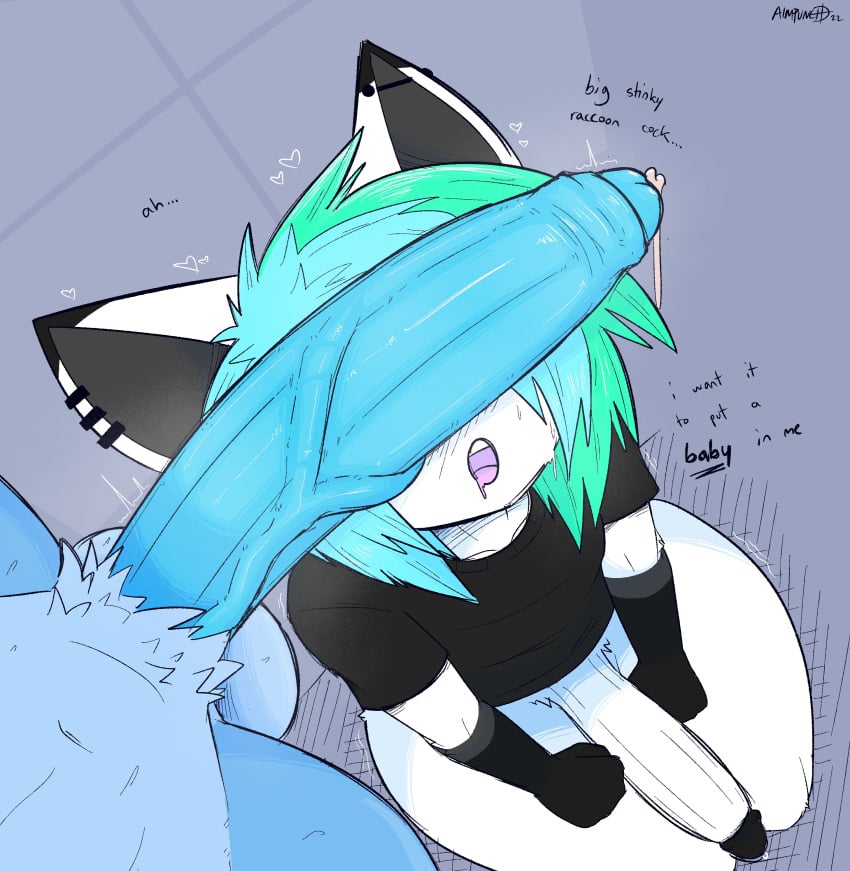 absurd_res aimpunch anthro armwear azura_(aimpunch) bat big_penis blue_body blue_fur blue_penis bodily_fluids clothed clothing cock_hungry covering covering_eyes covering_face drakon_(aimpunch) drooling duo ear_piercing emo_haircut femboy fur genital_fluids genitals green_hair hair hi_res huge_cock humanoid_genitalia humanoid_penis male male/male mammal penis piercing precum procyonid raccoon saliva simple_background smell smelling smelling_penis smelly smelly_cock teasing text thick_thighs white_body