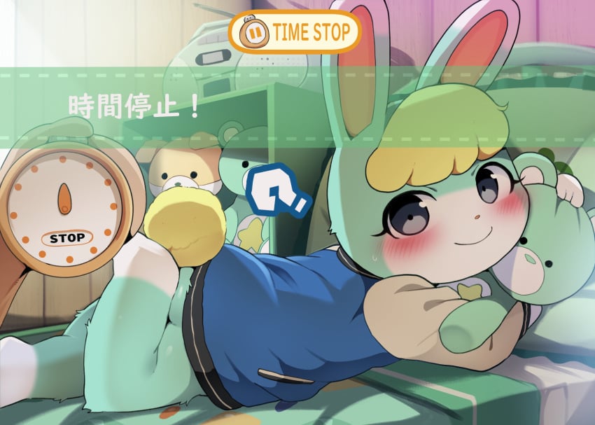 animal_crossing blonde_hair blush bunny bunny_ears dagasi femboy gay green_fur grey_eyes hugging_stuffed_animal jacket jersey laying_on_bed laying_on_stomach male male_focus male_only nintendo on_bed rabbit sasha_(animal_crossing) stuffed_animal time_stop two_tone_fur white_fur yaoi za_warudo