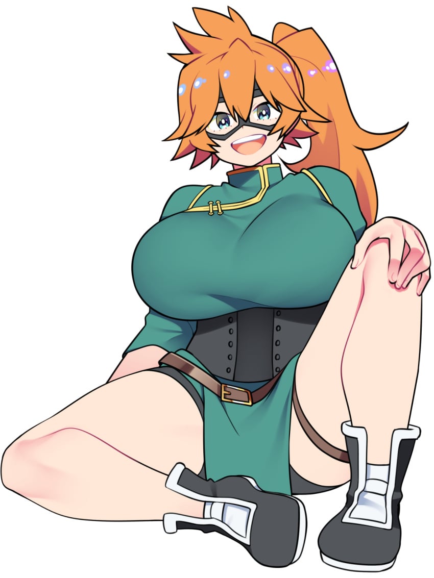 1girls bellupup big_breasts boots breasts busty domino_mask female female_only hero_outfit_(mha) hourglass_figure itsuka_kendou kendou_itsuka large_breasts looking_at_viewer my_hero_academia ponytail qipao simple_background smile smiling solo thick_thighs