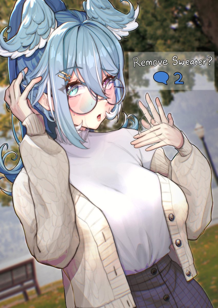 blue_hair breasts dragon_girl elira_pendora elira_pendora_(3rd_costume) fanning_self glasses head_wings heterochromia nijisanji nijisanji_en slewpie strip_game sweat sweater virtual_youtuber