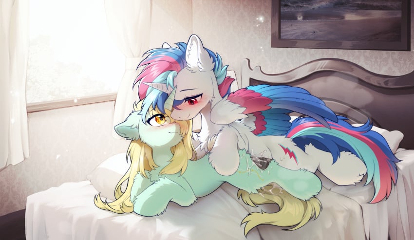 absurd_res ain_string_(oc) alicorn alternate_version_at_source ambiguous_penetration animal_genitalia animal_penis blonde_hair blonde_mane blue_body blue_feathers blue_hair blue_mane blue_tail blush blush_lines bodily_fluids cheek_tuft chest_tuft cum cum_inside cutie_mark dark_penis darkened_genitalia digital_media_(artwork) ear_tuft equid equine equine_genitalia equine_penis facial_tuft fan_character feathered_wings feathers female female_penetrated feral feral_on_feral feral_penetrated feral_penetrating feral_penetrating_feral fluffy fur genital_fluids genitals green_body green_fur hair hasbro hi_res horn leg_tuft lucent_starscape_(oc) male male/female male_penetrating male_penetrating_female mammal mane multicolored_body multicolored_feathers multicolored_hair multicolored_mane multicolored_tail multicolored_wings my_little_pony penetration penis pink_body pink_feathers pink_hair pink_mane pink_tail red_eyes sex smile swaybat tail tuft unicorn unicorn_horn white_body white_feathers white_fur wings yellow_eyes yellow_tail