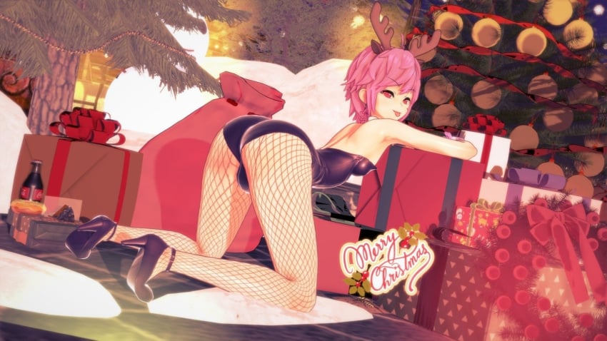 1boy bulge bunnysuit christmas christmas_tree femboy fishnets gay gift gift_box high_heels original_character pink_hair pinkdonass reindeer_antlers reindeer_costume solo teasing_viewer tongue tongue_out