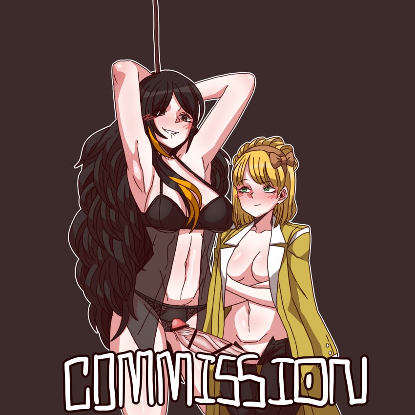 aged_up b2k big_penis binah biting_lip black_eyes black_hair black_lingerie blonde_hair coat_on_shoulders futa_on_female futanari green_eyes imminent_sex library_of_ruina lobotomy_corporation medium_breasts partially_clothed penis_out project_moon simple_background tiphereth_(lobotomy_corporation)