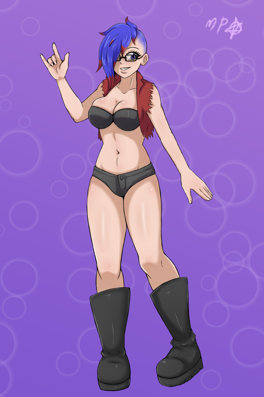 art_trade belly_button big_breasts blue_hair boots digital_media_(artwork) female female_only glasses hi_res human light-skinned_female megumipan616 original original_character purple_eyes red_hair shaved_head shirt shorts simple_background smile two_tone_hair