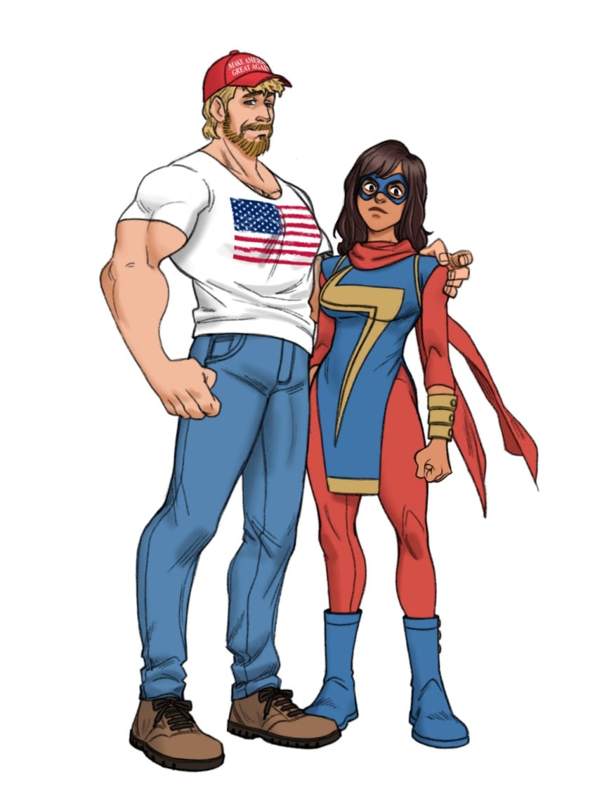 bleepideeboop brown_eyes brown_hair brown_skin brown_skinned_female dark-skinned_female interracial kamala_khan light-skinned_male long_hair maga_hat make_america_great_again marvel marvel_comics ms._marvel muslim muslim_female pakistani pakistani_female penis penis_under_clothes size_difference superheroine visible_penis_shape