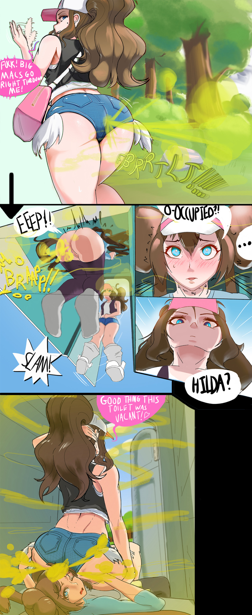 2girls ass ass_focus ass_on_face background big_mac blue_eyes blue_shirt booty_shorts brown_hair comic_strip crop_top dialogue face_fart facesitting fart fart_fetish female/female female_face_near_ass female_on_top female_only forced_to_sniffing game_freak gassy hilda_(pokemon) human jacket jorts large_ass leggings mcdonald's multiple_girls pokemon pokemon_bw pokemon_trainer ponytail portapotty pyrosinical rosa_(pokemon) smelly surprised toilet twintails yuri