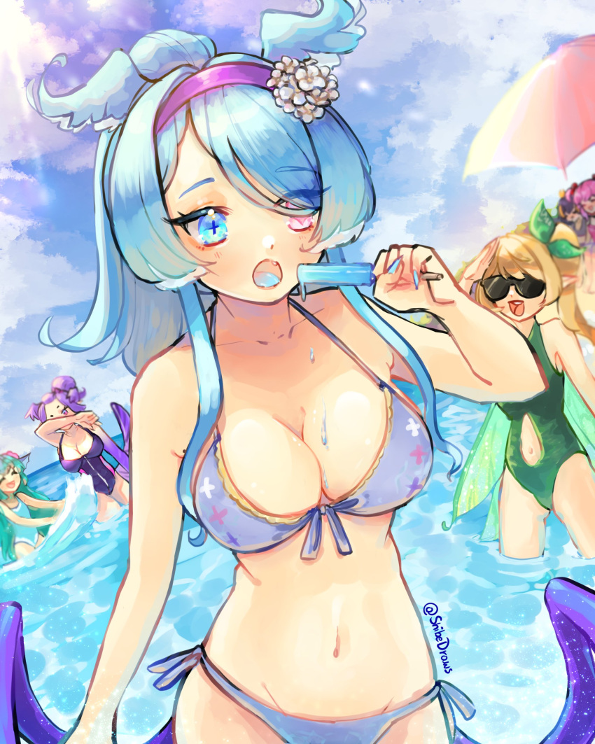 4girls beach bikini bikini_top blonde_hair blue_eyes blue_hair eating elira_pendora female female_only finana_ryugu green_hair ice_cream nijisanji nijisanji_en petra_gurin pomu_rainpuff purple_hair rosemi_lovelock selen_tatsuki shibedraws smile sunglasses tagme virtual_youtuber