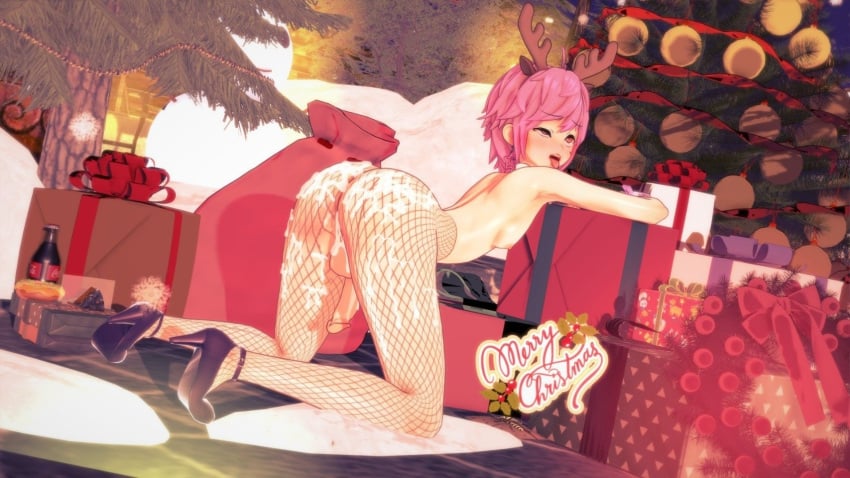 1boy after_sex ahe_gao christmas christmas_tree cum cum_in_ass femboy fishnets gay gift gift_box high_heels pinkdonass reindeer_antlers reindeer_costume solo