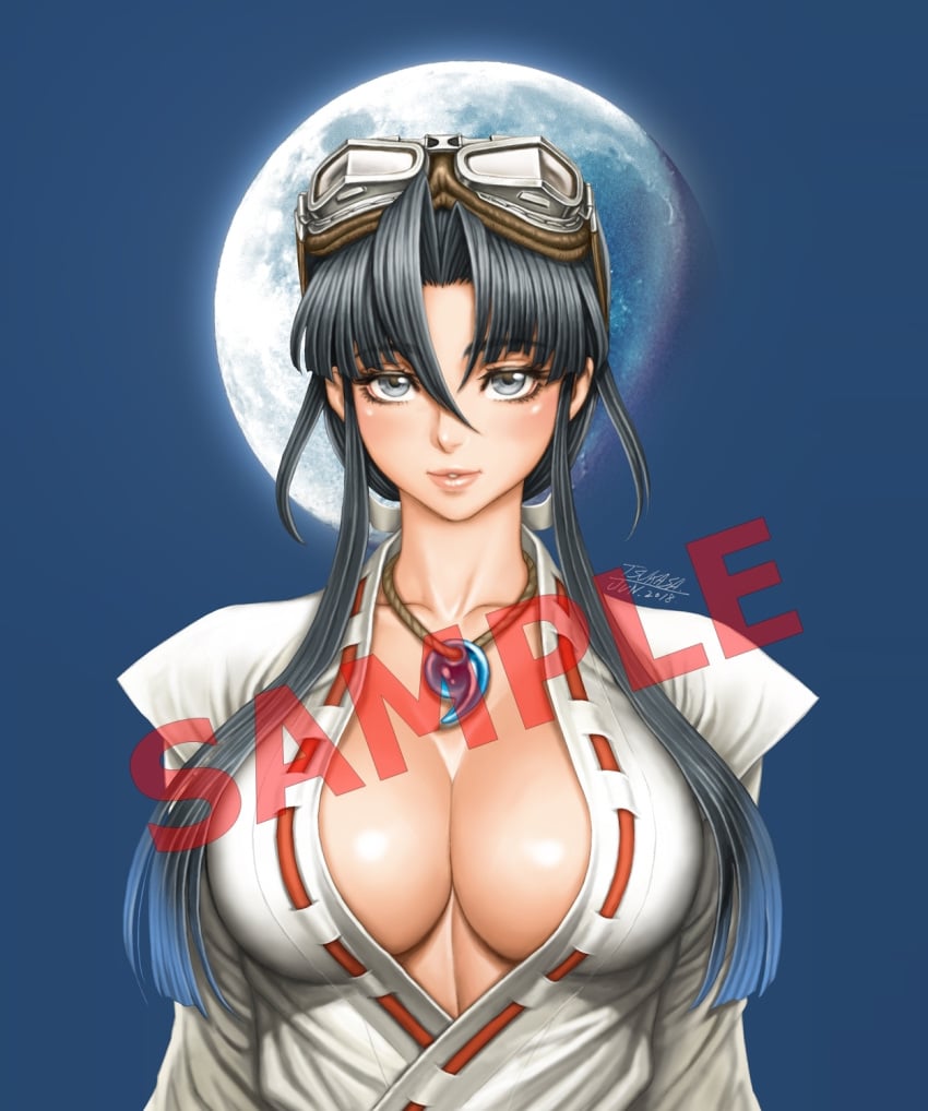 1girls big_breasts blue_hair busty cleavage female female_only goggles_on_head hi_res large_breasts looking_at_viewer miko parted_lips pink_lipstick sample seductive seductive_smile sengoku_ace sengoku_blade smile solo togashi_koyori voluptuous watermark