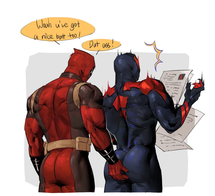 2boys abs ass backwards backwards_clothing bara biceps bubble_ass bubble_butt clothed cocky dat_ass deadpool dialogue dialogue_box english_text fraternity gat gay groping groping_ass lkikai male male/male male_only marvel marvel_cinematic_universe marvel_comics masked_male miguel_o'hara motion_lines multiple_boys muscle muscles muscular nervous penis pervert round_ass round_butt sexual_harassment skin_tight spider-man:_across_the_spider-verse spider-man:_into_the_spider-verse spider-man_(series) spider-man_2099 surprised text tight_clothing uniform unwanted wade_wilson yaoi