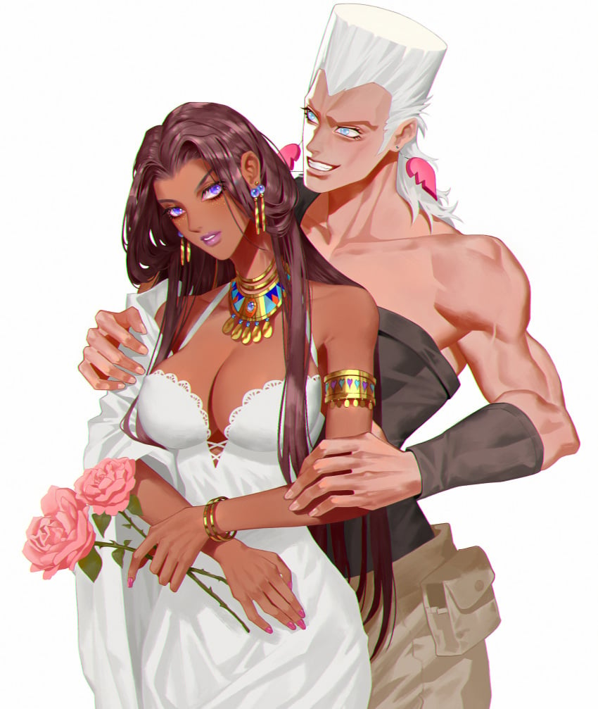 1boy 1girls armlet bare_shoulders behind_another blue_eyes bracelet breasts brown_hair cleavage collarbone cute dark-skinned_female dark_skin dress earrings eyeshadow female flower fully_clothed grey_pants grin halter_dress halterneck holding holding_flower human jean_pierre_polnareff jewelry jojo's_bizarre_adventure large_breasts long_hair makeup male malena_(jjba) muscular muscular_male nail_polish pants pink_flower pink_nails pink_rose purple_eyes purple_lips rose shounen_jump silver_hair simple_background single_strap sleeveless smile spaghetti_strap stardust_crusaders straight teeth usekh_collar veela_(artist) white_background white_dress wholesome