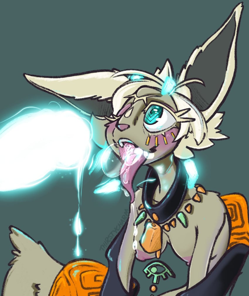 anthro big_ears blue_eyes bodily_fluids breasts clothed clothing cum cum_in_mouth cum_inside drooling duo female fur genital_fluids genitals glowing glowing_genitalia glowing_penis grey_body grey_fur hair hi_res jewelry long_ears male male/female mineru necklace nipples partially_clothed penis saliva thirstycharm tongue tongue_out white_hair zonai