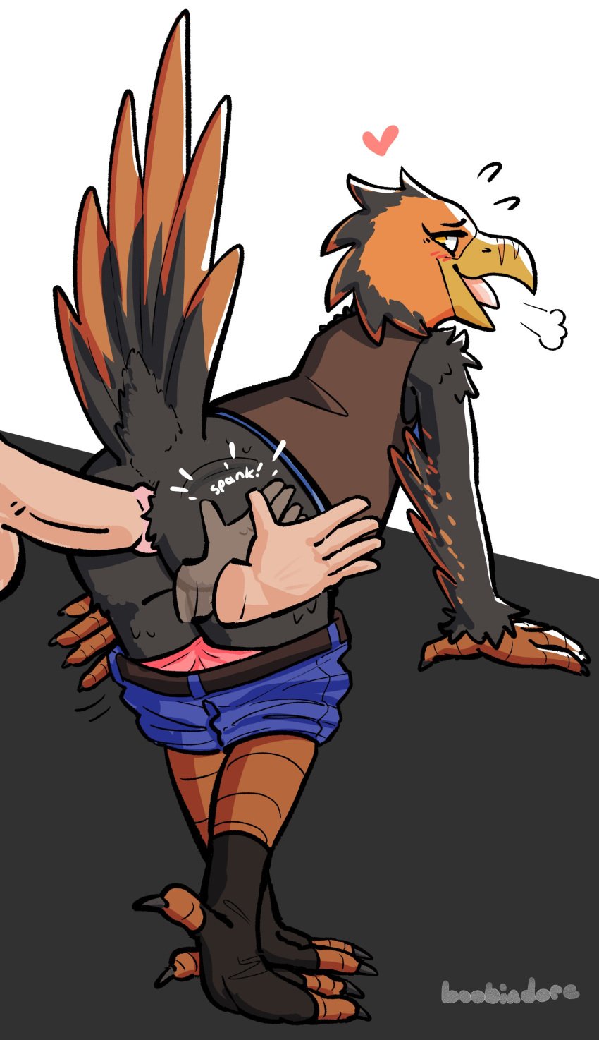 absurd_res anthro anthro_penetrated ass avian beak bent_over bird bottomwear bottomwear_down butt_slap clothed clothing disembodied_hand disembodied_penis dubindore duo feathers female genitals hi_res human human_on_anthro human_penetrating human_penetrating_anthro humanoid_genitalia humanoid_penis interspecies looking_back male male/female mammal open_beak open_mouth pants pants_down partially_clothed penetration penis sex slap spanking tail_feathers topwear vest