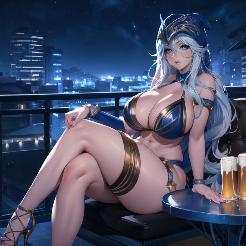 ai_generated ashe_(league_of_legends) big_breasts cixf crossed_legs half_naked high_heels huge_breasts league_of_legends riot_games sitting solo thick_thighs