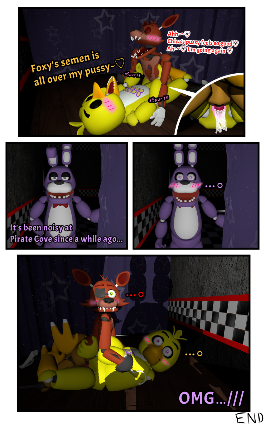 3d 3d_(artwork) bonnie_(fnaf) chica_(fnaf) comic cum cuming dick five_nights_at_freddy's foxy_(fnaf) omg pussy sex yuuki_momofox