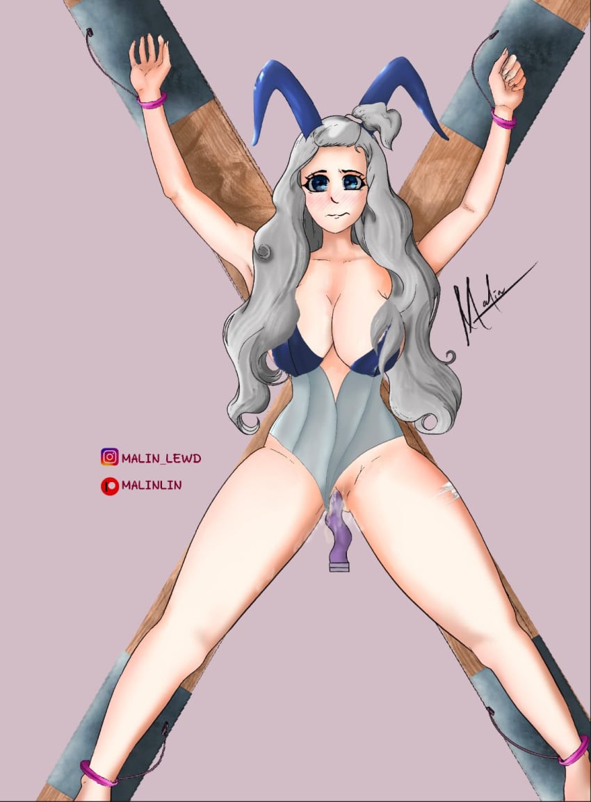 1girls ankle_cuffs artist_signature bondage bunny_ears bunny_girl bunnysuit dildo dildo_in_pussy fairy_tail femsub handcuffed handcuffs kodansha legs_apart malin_lewd malinlin mirajane_strauss saint_andrew's_cross saltire_cross slight_blush x_cross