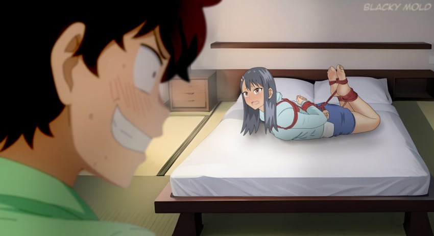 1girls barefoot bedroom black_hair blacky_mold blush bondage bound bound_arms bounded brown_eyes clothed clothed_female clothed_male feet_up foot_fetish hayase_nagatoro lying lying_on_bed lying_on_stomach naoto_hachioji_(senpai) please_don't_bully_me,_nagatoro red_nails surprise surprised surprised_face teenage_boy teenage_girl teenager